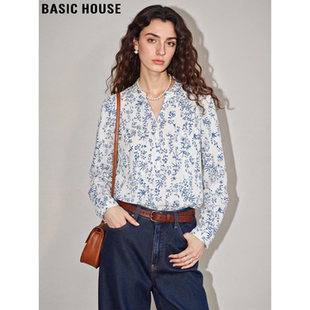 新款 Basic 女士2026春季 百家好青花瓷碎花纯棉衬衫 国风上衣 House