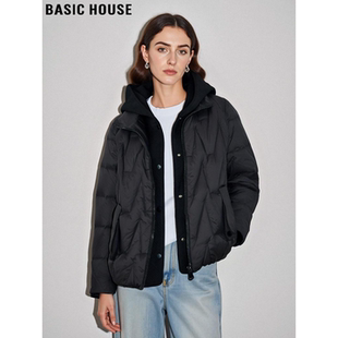Basic House/百家好黑色90白鸭绒羽绒服女士冬季加绒保暖连帽外套