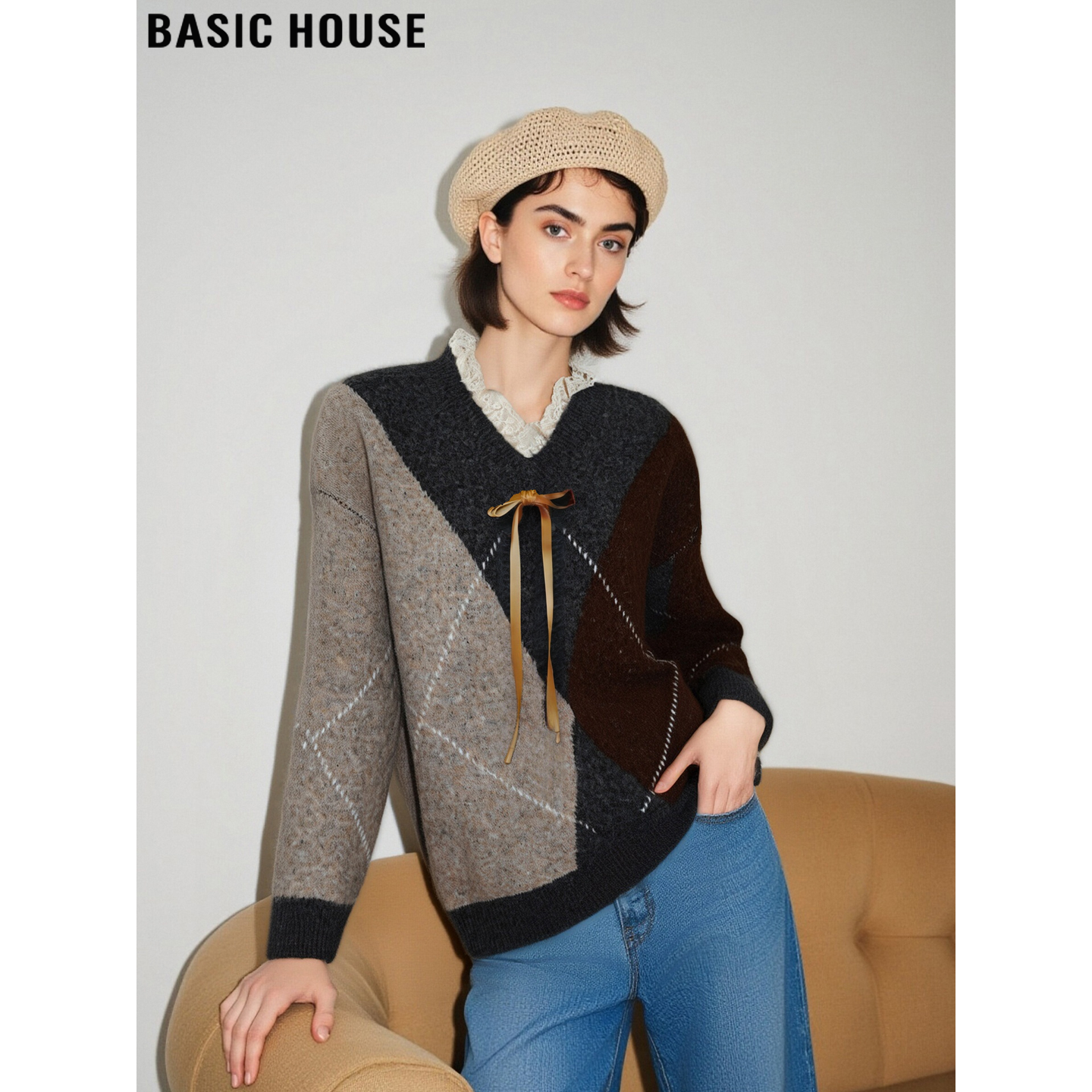 百家好复古美拉德咖色菱格毛衣女