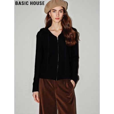百家好黑色连帽拉链毛衣外套女