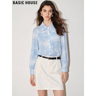 新款 Basic 女2026夏季 百家好水墨印花蓝色衬衫 宽松叠穿上衣 House