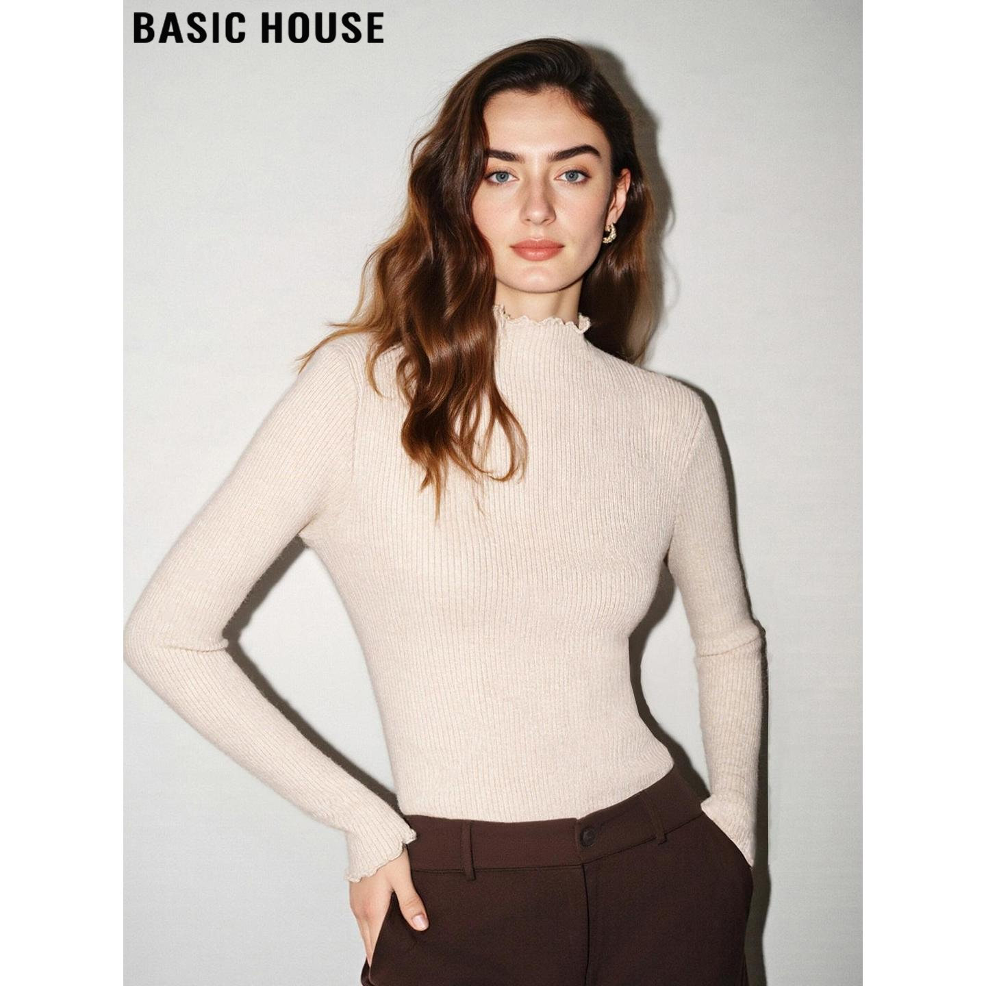 百家好燕麦色木耳边加绒针织衫女