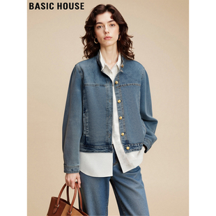 Basic House/百家好美式短款牛仔外套女2026春季新款宽松立领上衣