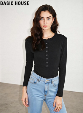 Basic House/百家好黑色半开领打底衫女2026春季新款修身长袖T恤