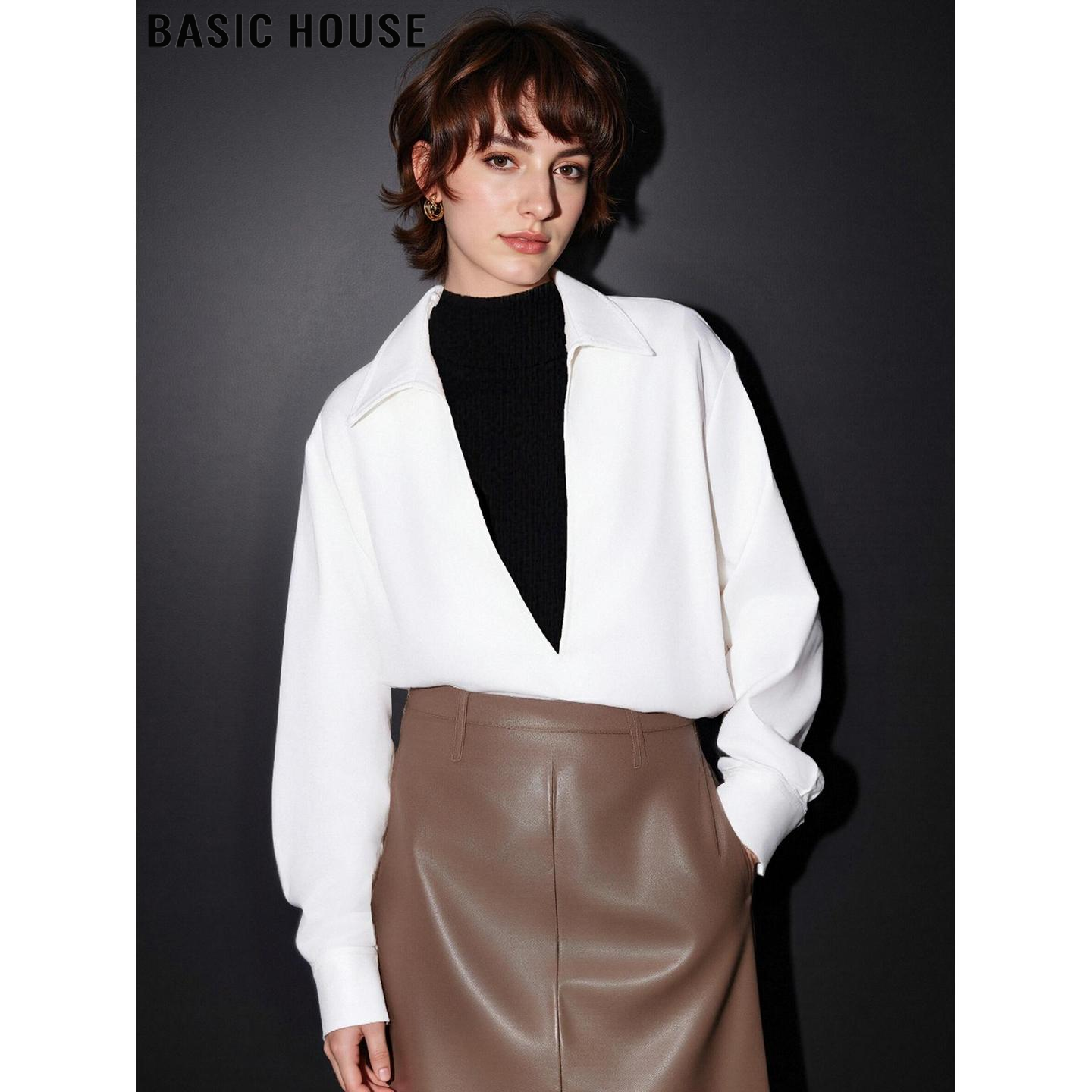 白色V领长袖衬衫设计感叠穿衬衣