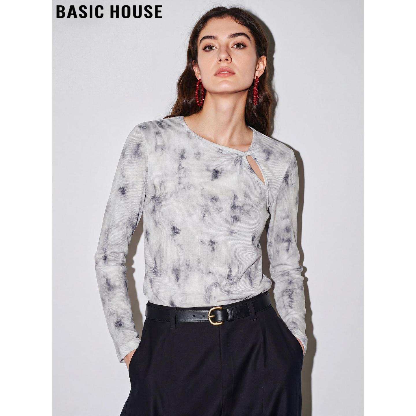 Basic House/百家好设计感晕染长袖T恤女2026春季新款镂空打底衫,女装/女士精品,T恤,淘宝优惠券,粉丝福利购,淘宝优惠卷