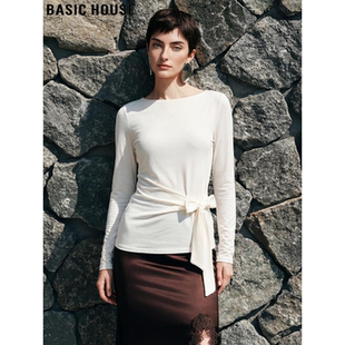 新款 百家好莱赛尔天丝系带收腰一字领T恤女2026春季 House Basic