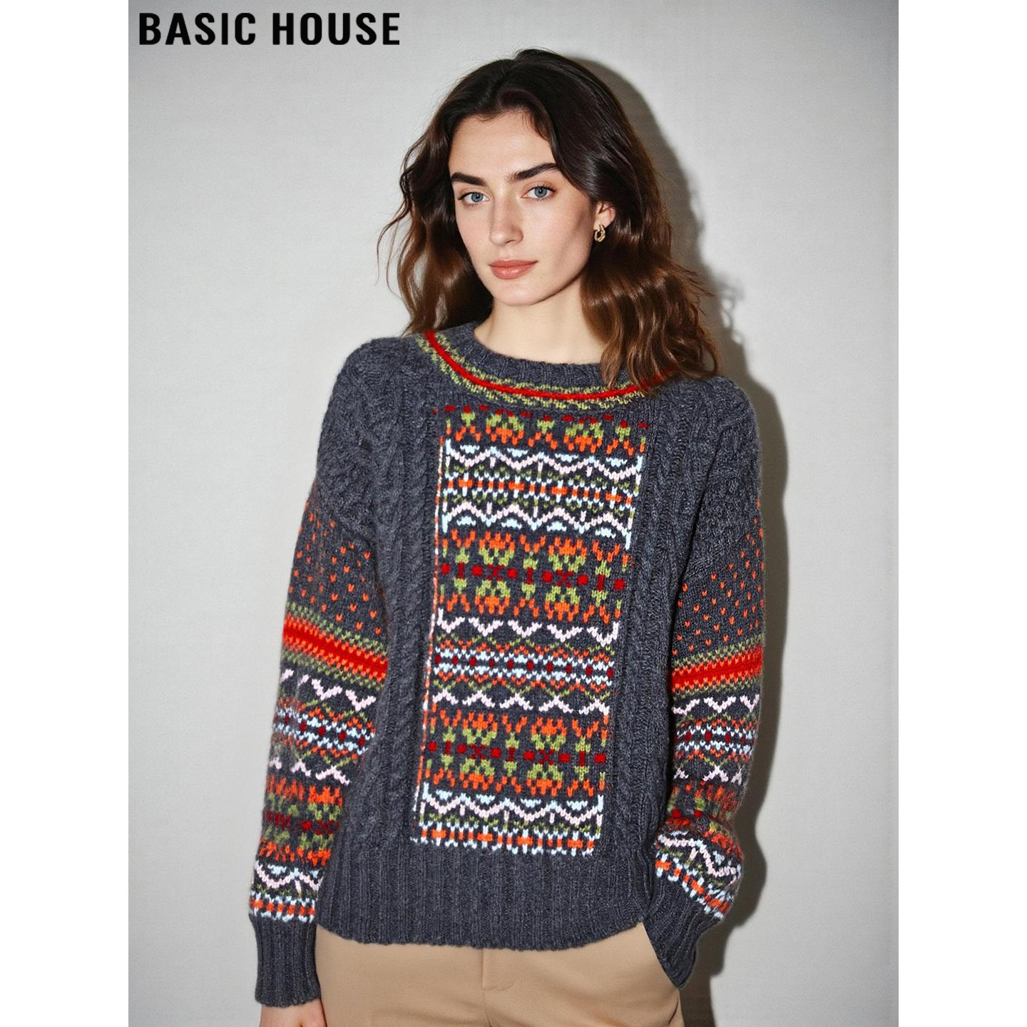 Basic House/百家好费尔岛提花羊绒衫女士冬季慵懒风软糯羊毛毛衣,女装/女士精品,羊绒衫,淘宝优惠券,粉丝福利购,淘宝优惠卷