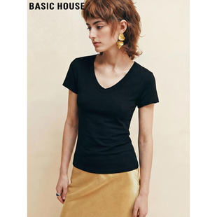 显瘦纯色短袖 Basic 修身 百家好黑色V领简约百搭T恤女士夏季 House