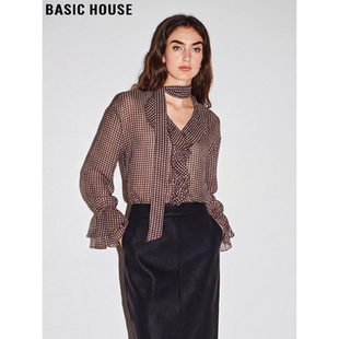 Basic House/百家好格纹飘带荷叶边雪纺衬衫女2026春季新款喇叭袖
