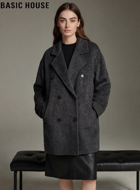 Basic House/百家好深灰色中长款羊毛呢子大衣女冬高级感毛呢外套