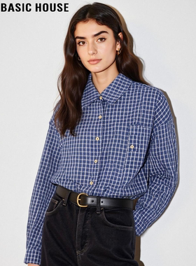 Basic House/百家好蓝色格纹长袖衬衫女2026春季新款通勤叠穿衬衣