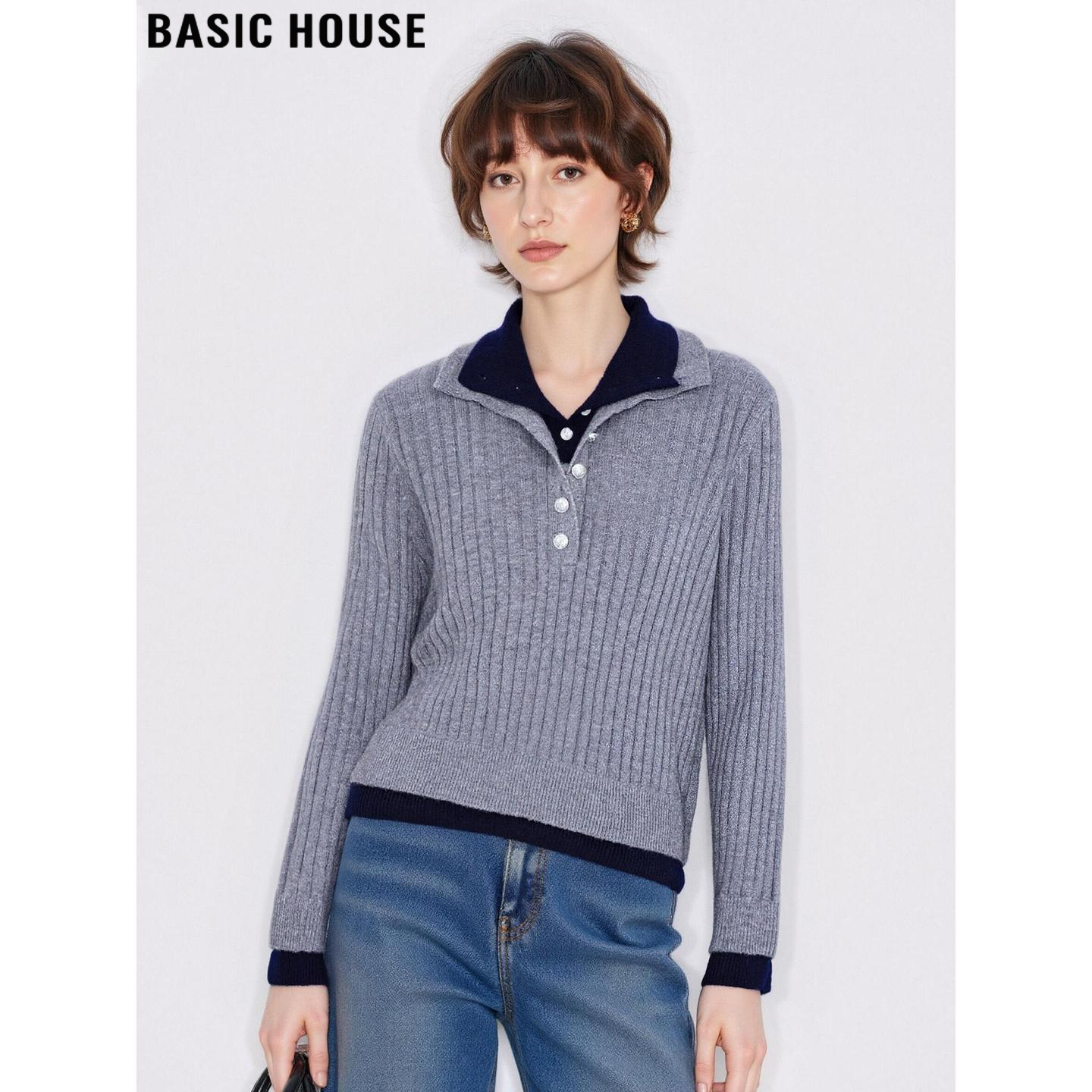 百家好100%羊毛撞色翻领针织衫女