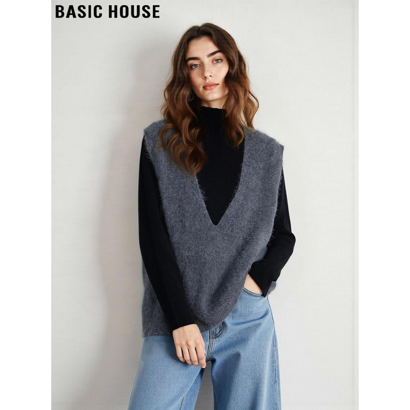 Basic House/百家好羊毛V领针织马夹女2026春季新款软糯毛衣背心,女装/女士精品,马夹,淘宝优惠券,粉丝福利购,淘宝优惠卷