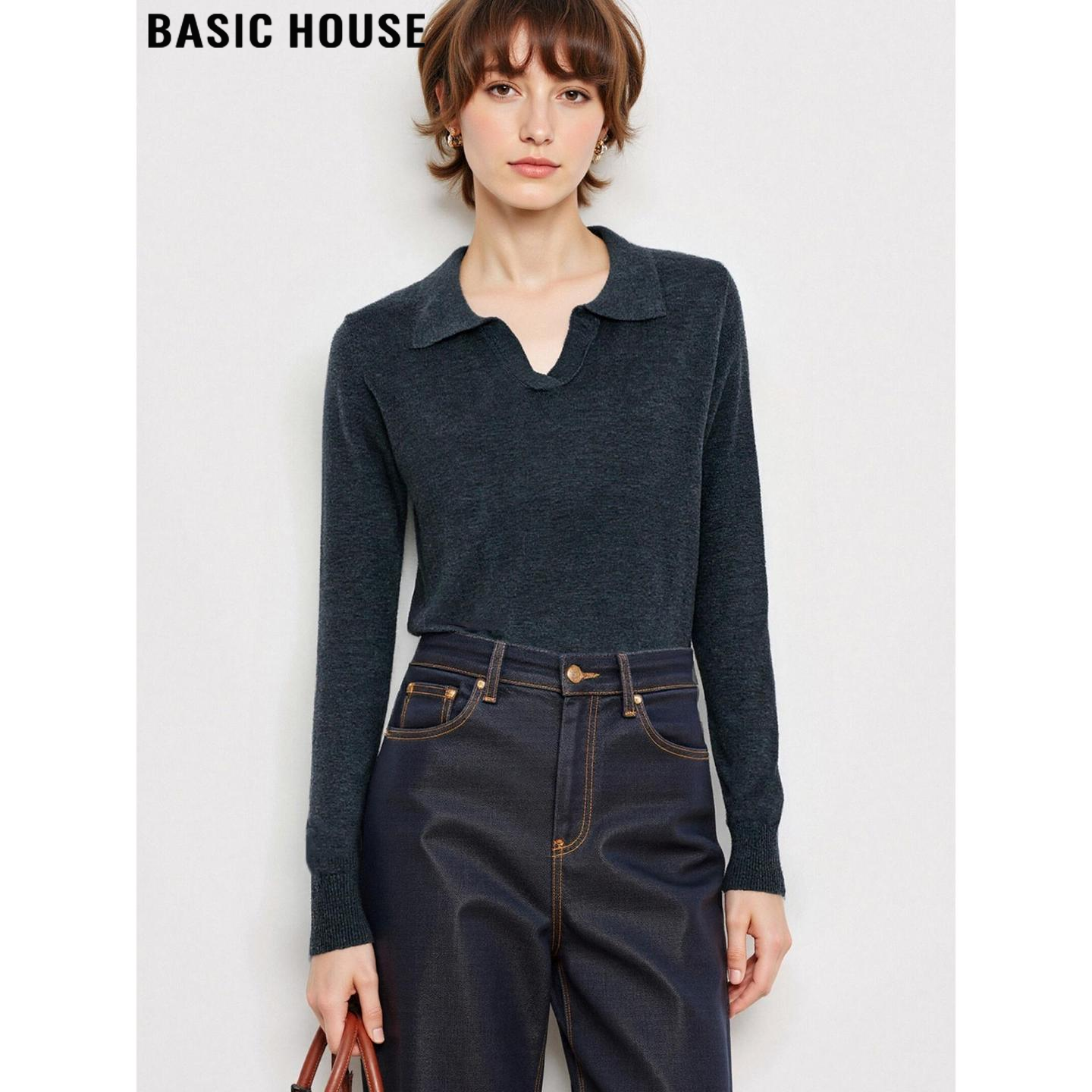 百家好复古灰色V领软糯针织衫女