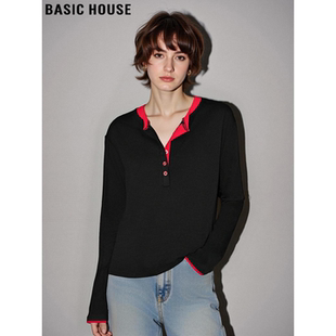 House 亨利领打底衫 百家好撞色长袖 新款 上衣 T恤女2026春季 Basic
