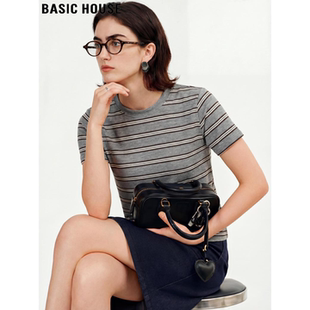 美式 Basic T恤女夏季 百家好撞色条纹羊毛短袖 正肩显瘦上衣 House