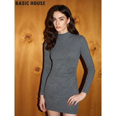House 百家好灰色半高领连衣裙女2026春季 新款 Basic 修身 打底短裙