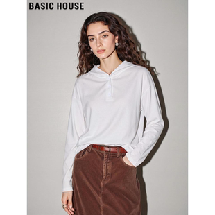 新款 Basic T恤女2026春季 百家好白色连帽长袖 宽松纯棉上衣 House