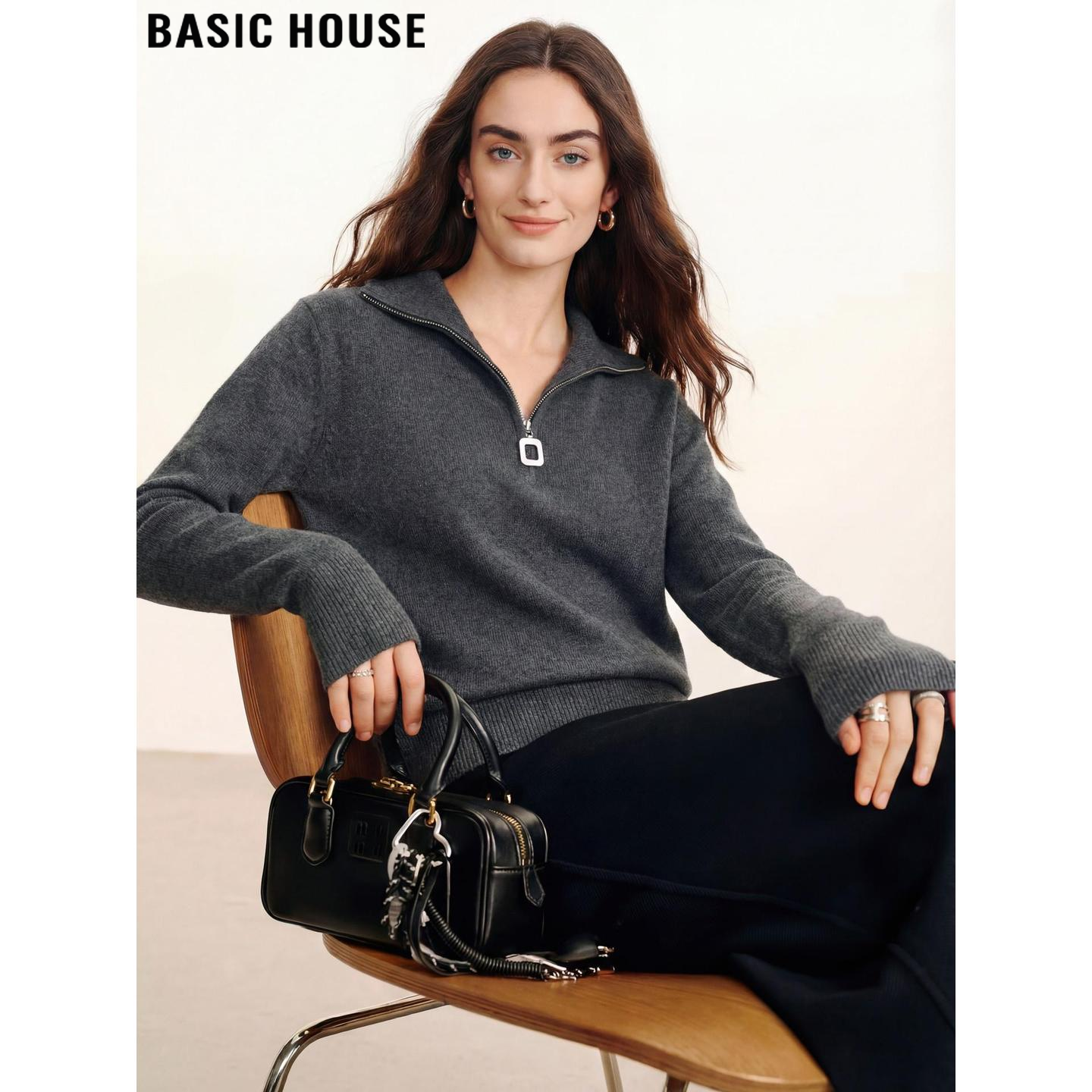 Basic House/百家好深灰色半拉链针织衫女士2026春季新款软糯毛衣,女装/女士精品,毛衣,淘宝优惠券,粉丝福利购,淘宝优惠卷