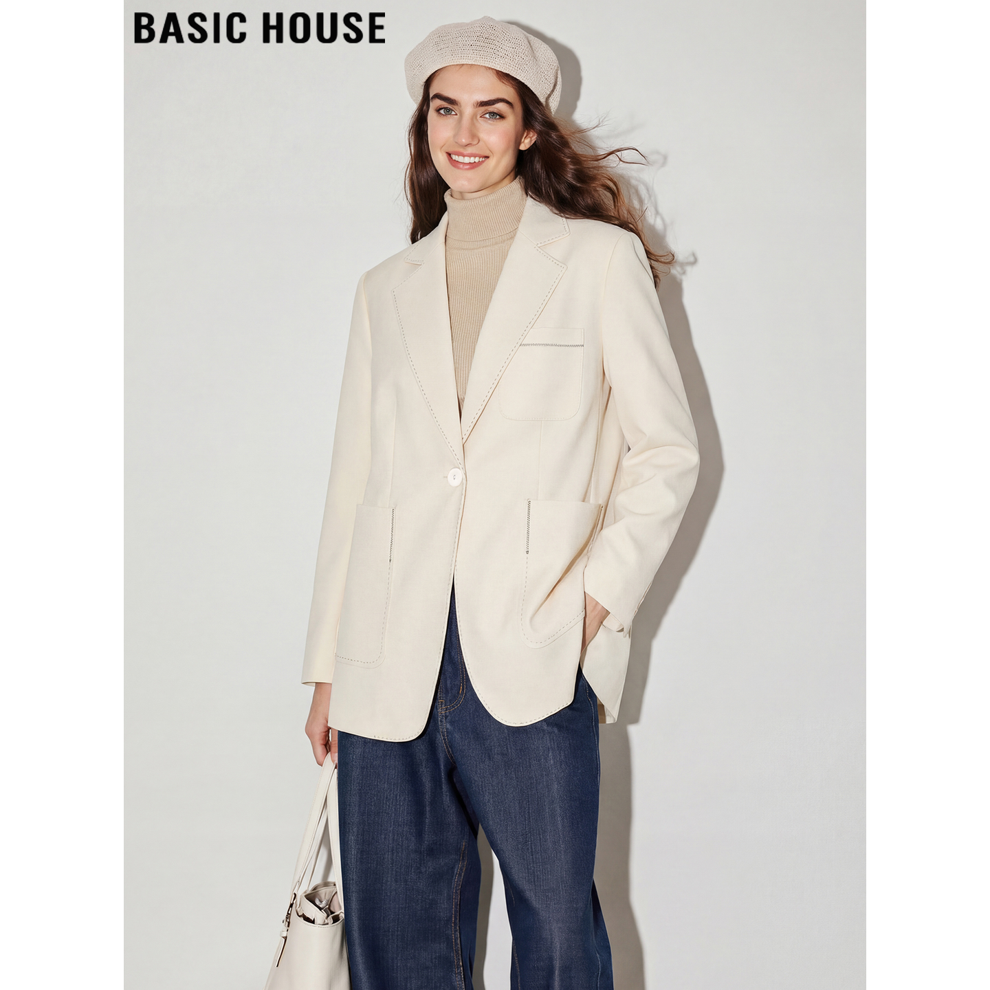 Basic House/百家好杏色毛呢西装外套女士冬季中长款羊毛呢子西服