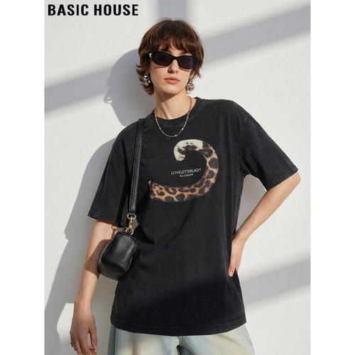 百家好美式豹纹印花纯棉短袖T恤