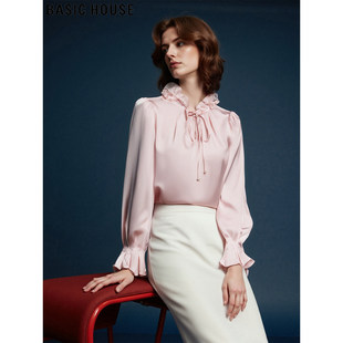Basic House/百家好法式粉色衬衫女2026春季新款花边领泡泡袖上衣