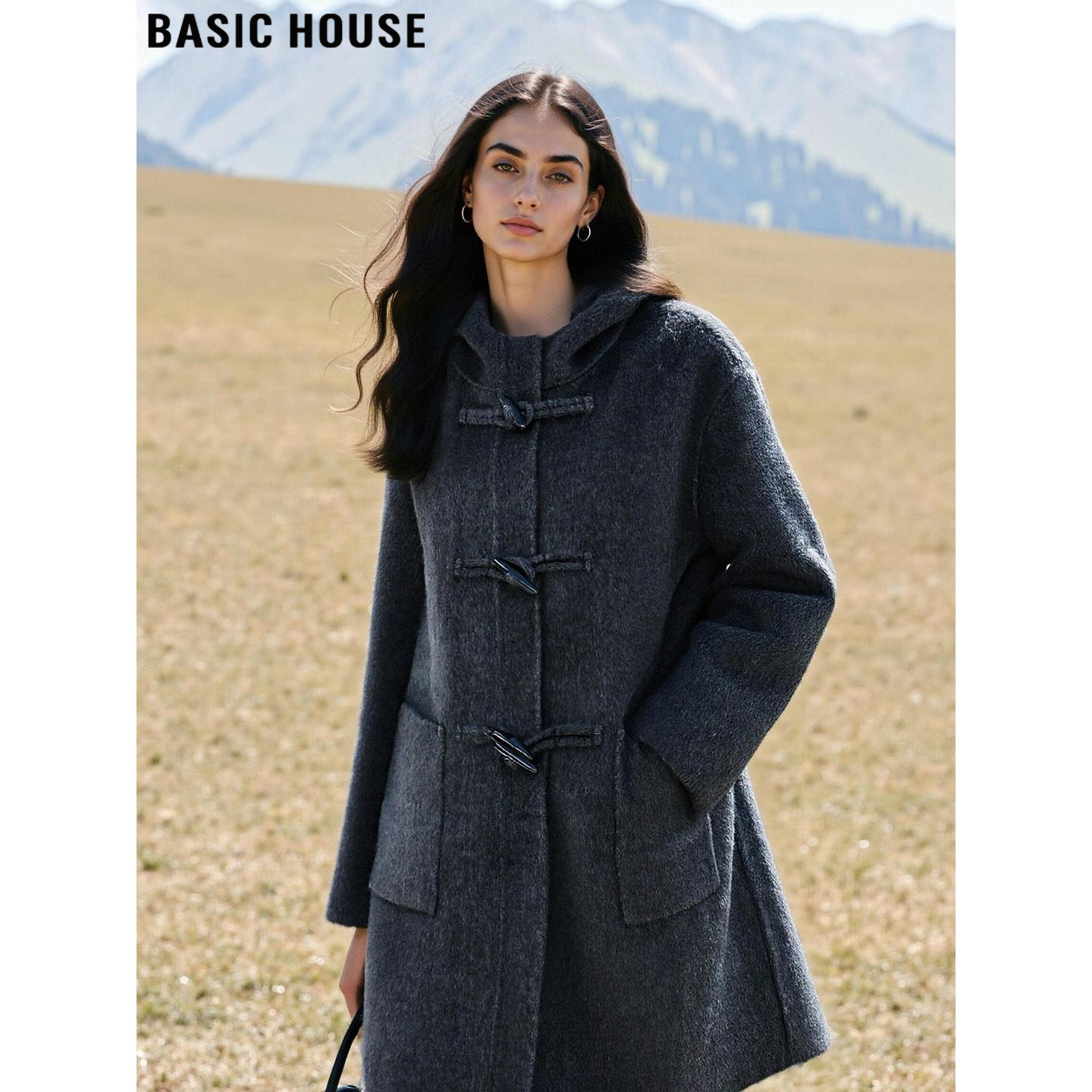 百家好深灰色双面羊毛呢大衣女