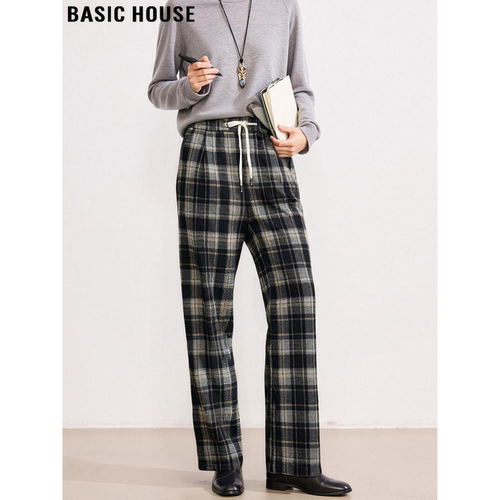 复古格子阔腿裤抽绳高腰直筒裤女