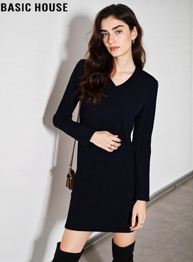 Basic House/百家好黑色V领针织连衣裙女2026春季新款包臀打底裙