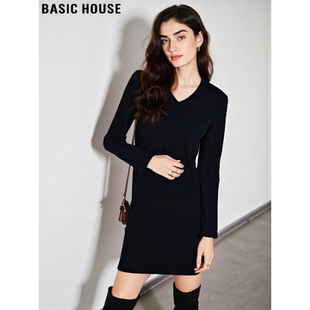 Basic House/百家好黑色V领收腰连衣裙女2026春季新款包臀打底裙