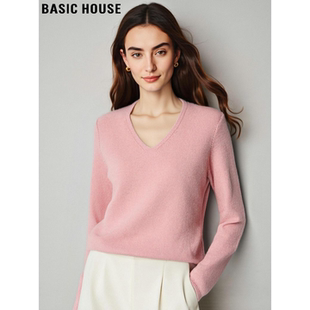 Basic House/百家好粉色V领羊毛针织衫女冬季慵懒风细闪软糯毛衣