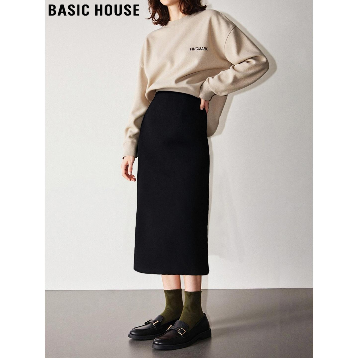 Basic House/百家好黑色毛呢半身裙女冬季大码胖MM高腰a字西装裙