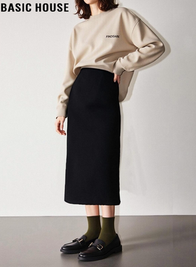 Basic House/百家好黑色毛呢半身裙女冬季大码胖MM高腰a字西装裙