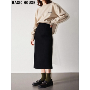 Basic House/百家好黑色毛呢半身裙女冬季大码胖MM高腰a字西装裙