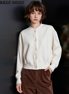 Basic House/百家好乳酪白卫衣外套女冬季加厚宽松圆领棒球服上衣