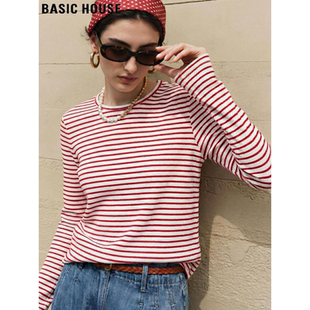Basic House/百家好复古红色条纹长袖T恤女2026春季新款圆领上衣