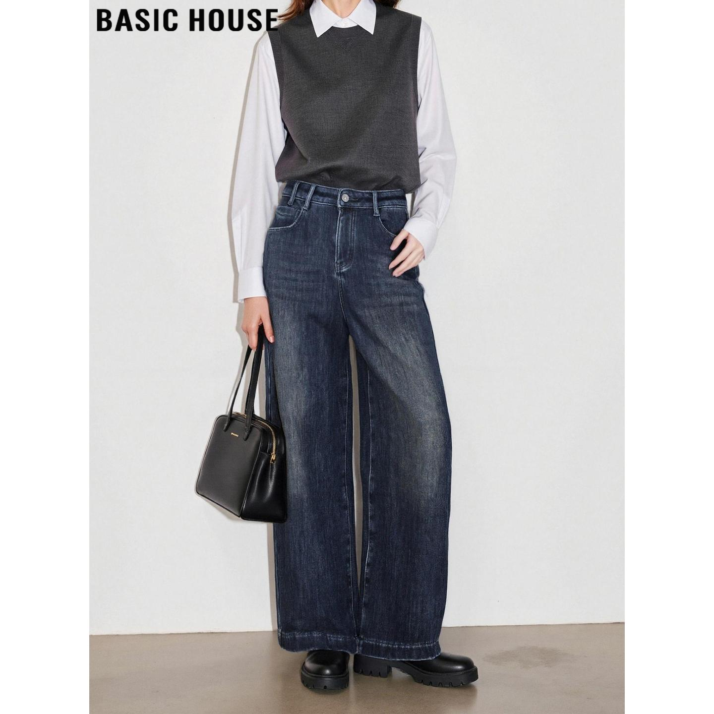 Basic House/百家好蓝灰色加绒加厚阔腿牛仔裤女冬季直筒拖地长裤,女装/女士精品,牛仔裤,淘宝优惠券,粉丝福利购,淘宝优惠卷