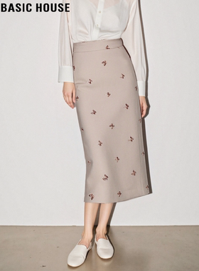 Basic House/百家好蝴蝶刺绣直筒半身裙女春季高腰A字包臀中长裙