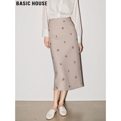 百家好蝴蝶刺绣卡其色直筒半身裙