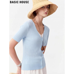 蓝色V领冰丝半袖 Basic 女夏季 百家好假两件天丝针织短袖 T恤 House