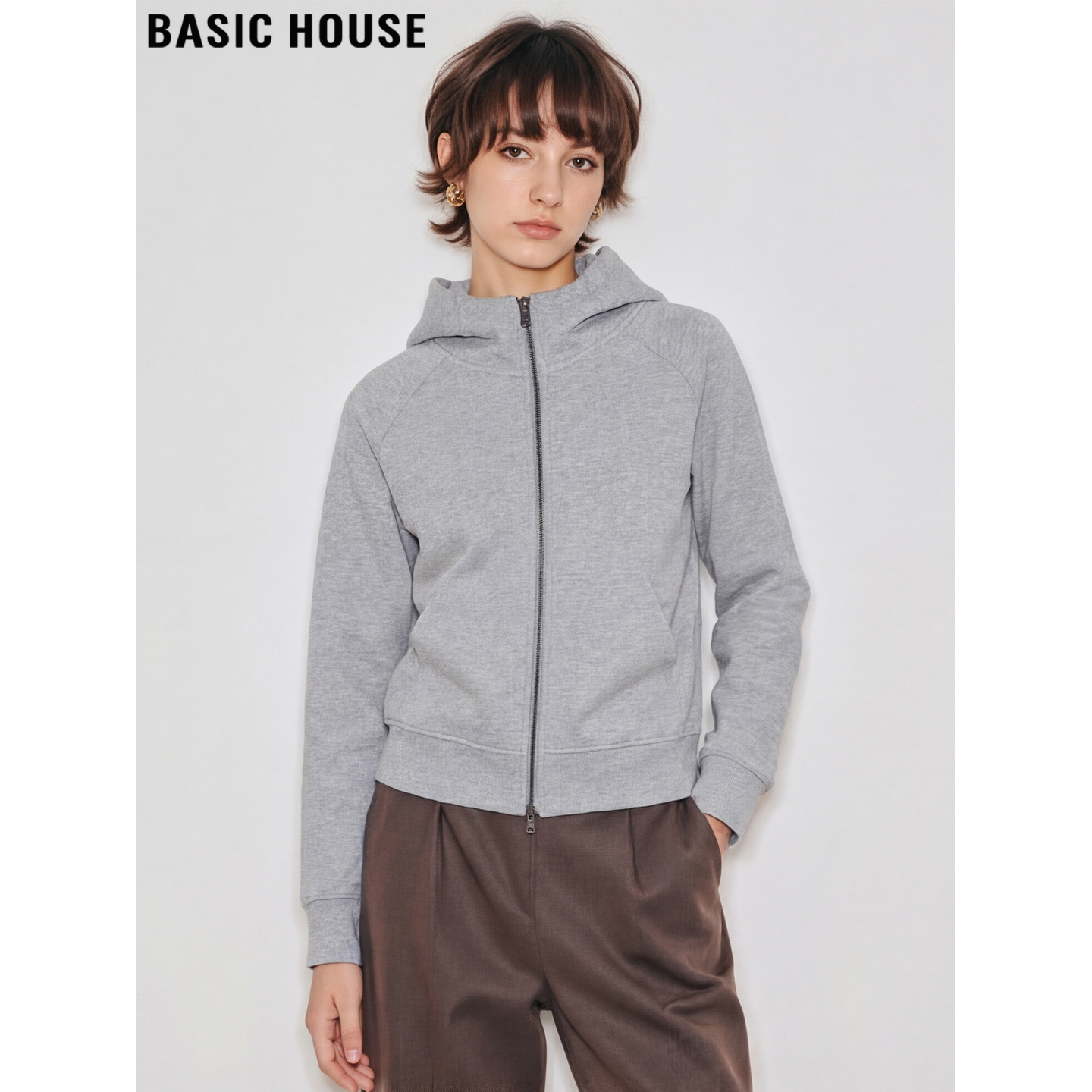 Basic House/百家好灰色连帽卫衣外套女士2026春季新款双拉链上衣