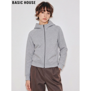Basic House/百家好灰色连帽卫衣外套女士2026春季新款双拉链上衣