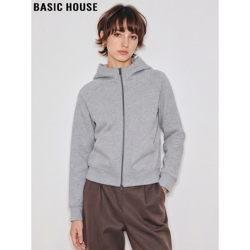 百家好灰色连帽双拉链卫衣外套女