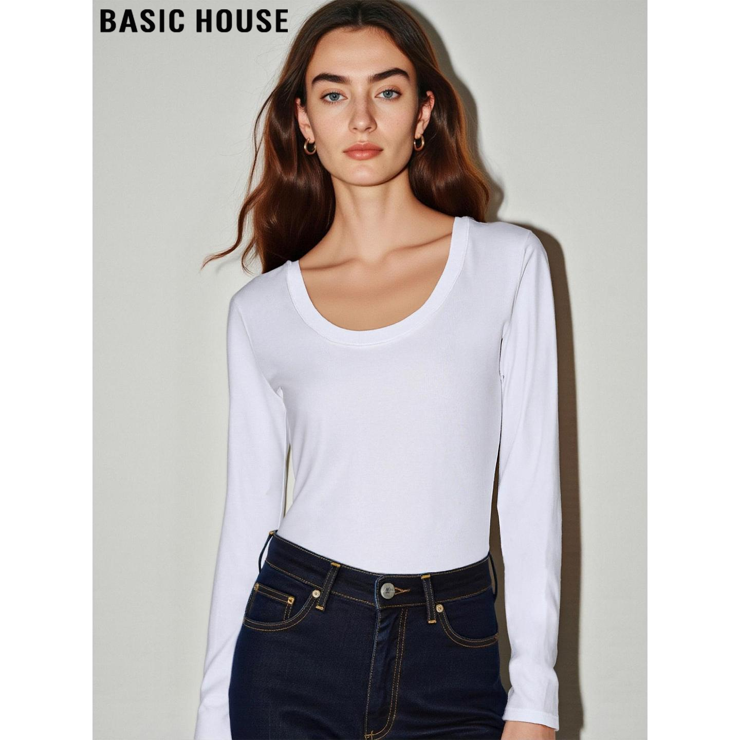 百家好白色U领加绒加厚纯棉T恤女