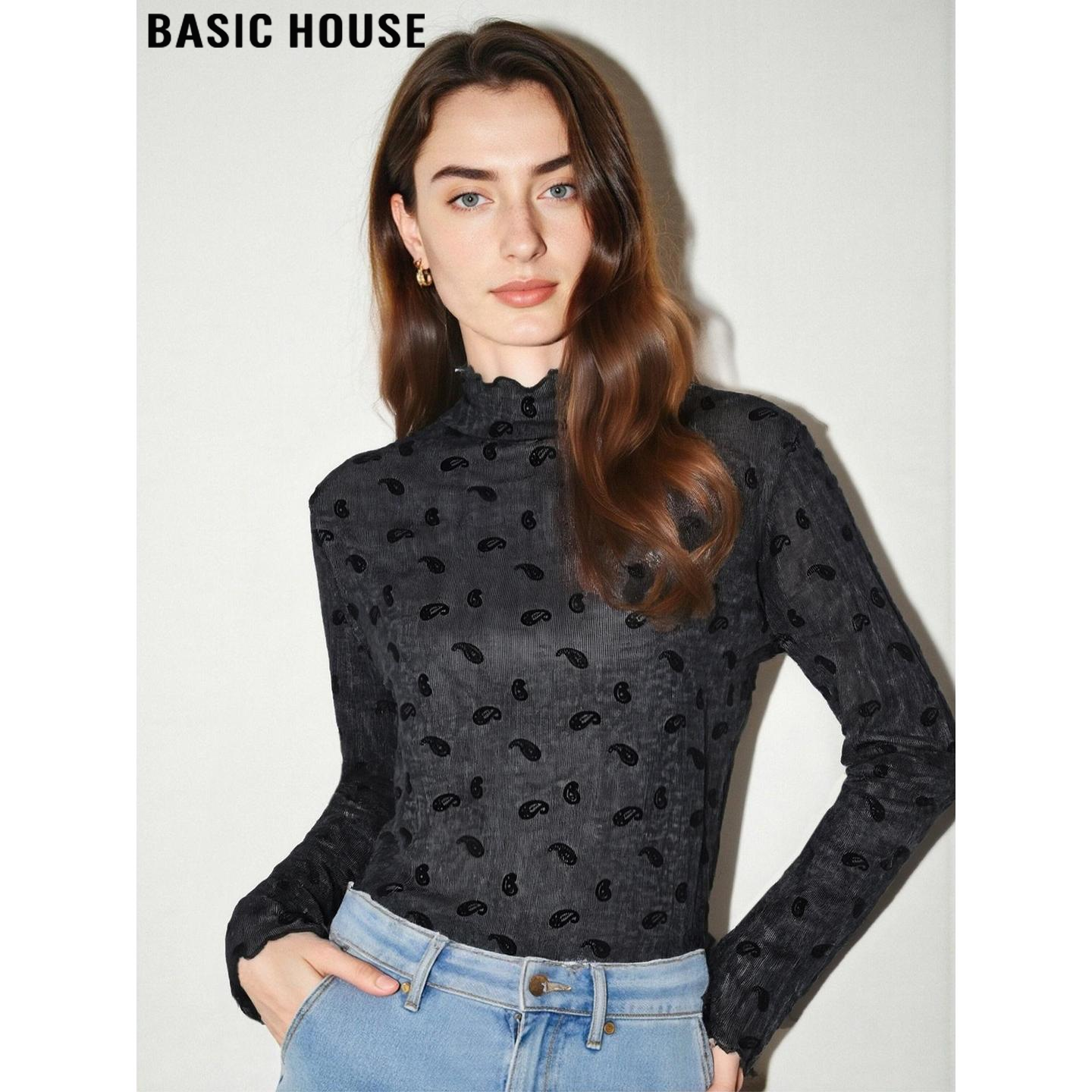 Basic House/百家好微透木耳边网纱打底衫女2026春季新款内搭上衣,女装/女士精品,T恤,淘宝优惠券,粉丝福利购,淘宝优惠卷