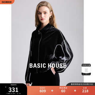 Basic House/百家好丝绒黑色短外套女2024春季新款高腰休闲裤套装