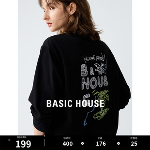 T恤女2024春季 Basic 百家好涂鸦印花长袖 别致宽松上衣 House 新款