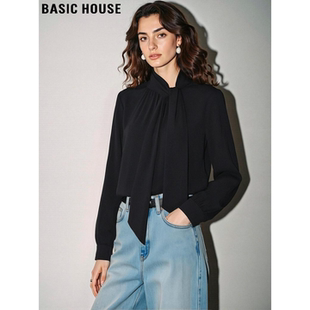 House 长袖 百家好高级气质黑色系带衬衫 新款 衬衣 女2026春季 Basic