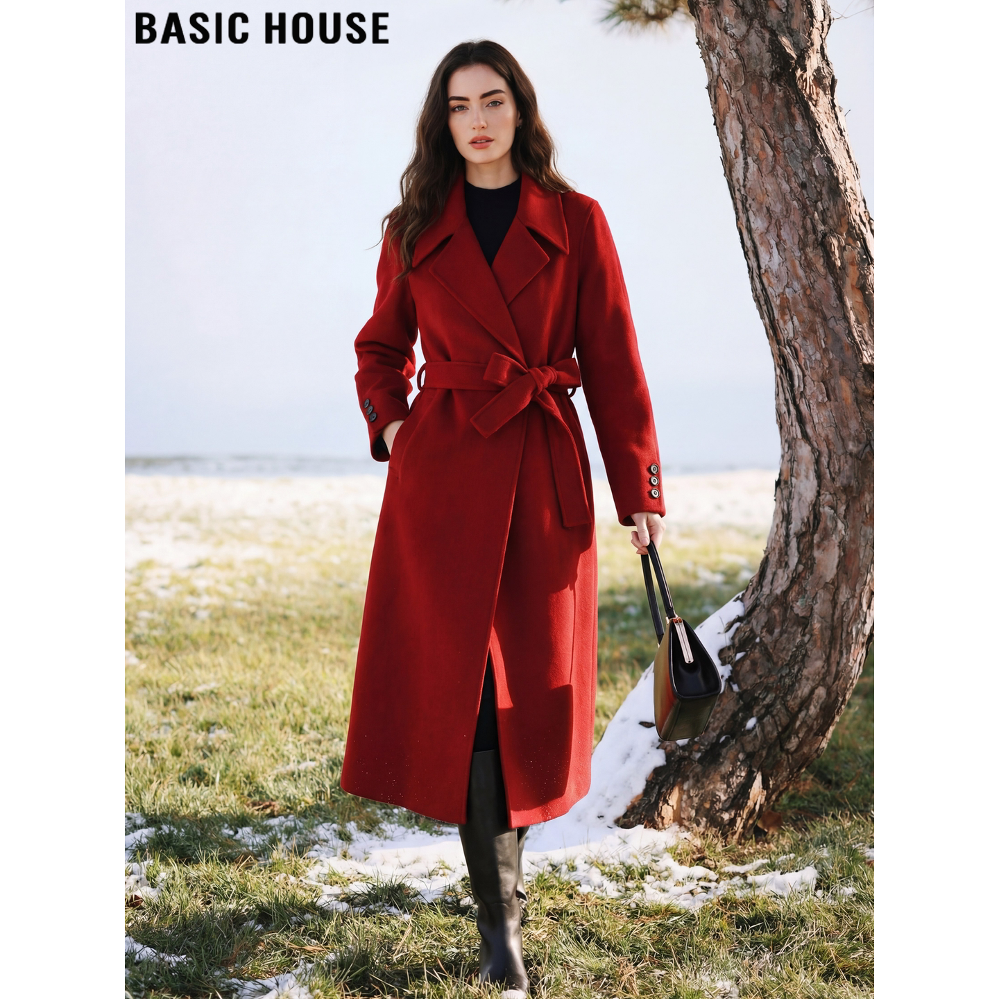 Basic House/百家好新年穿搭红色羊毛大衣女春季长款过膝毛呢外套